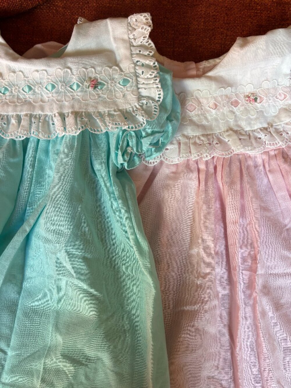 Lot of 2 Vintage Toddler Dresses - Pink and Aqua with Lace Trim 4T Cottagecore P